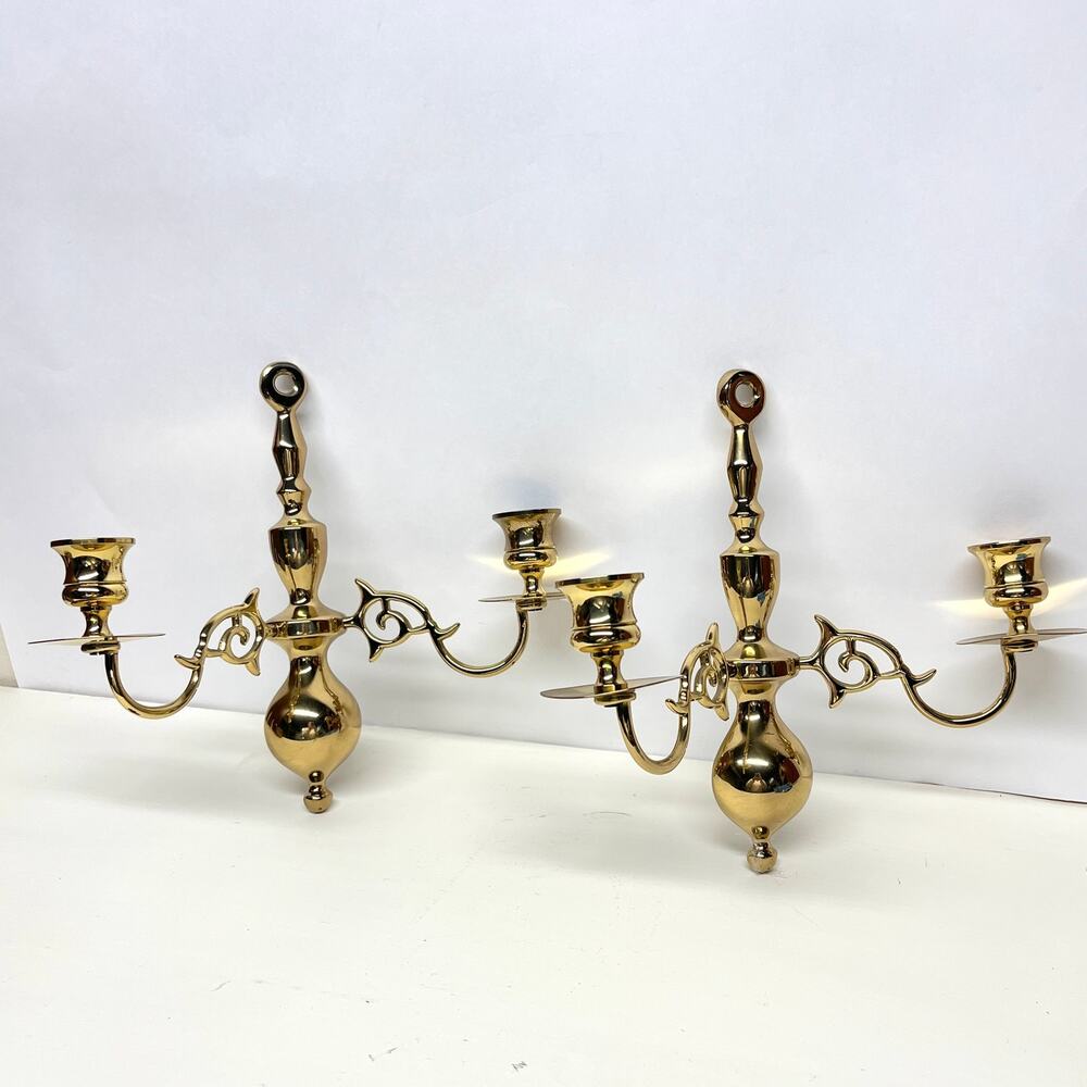 Vintage Solid Brass Double-arm Candle Holder Wall Sconce